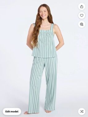 Striped Mint Green Wide-Leg Pajama Set - Women